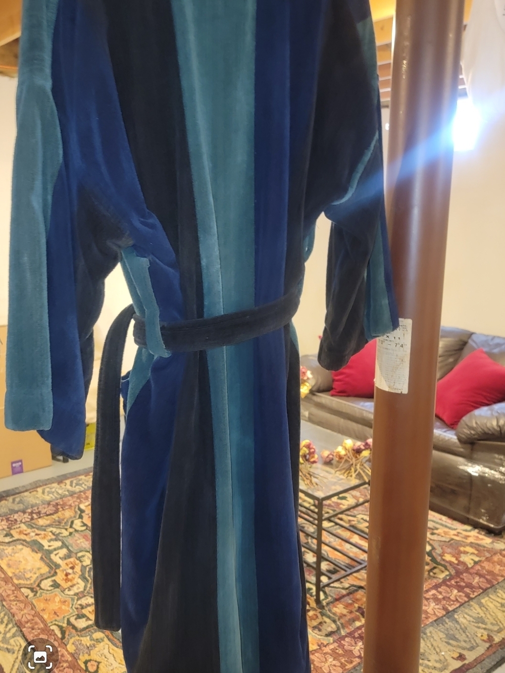 Bill Blass Men’s Striped Velvet Robe in Dark and Teal Blue